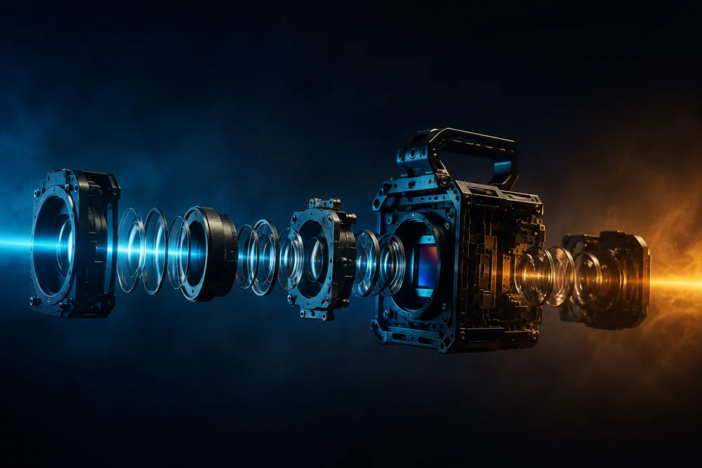 A cinema camera pulled apart into its lens elements, with blue light entering on the left and warm amber light leaving on the right