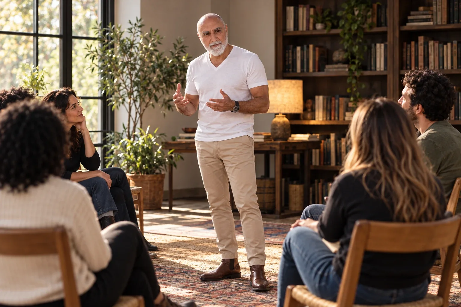 Ali speaking with a circle of people in a sunlit room